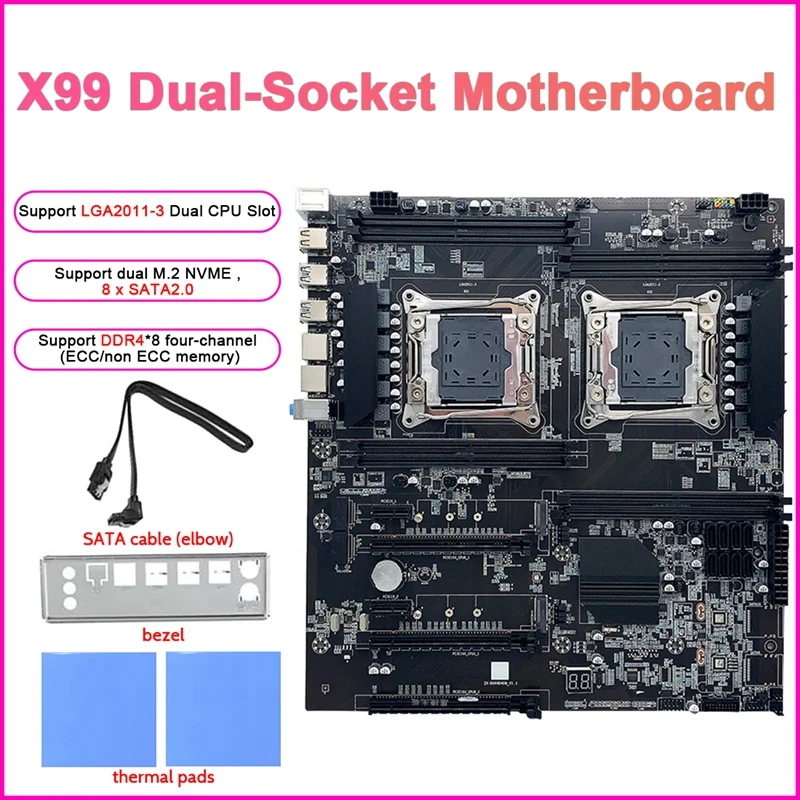 

HOT-X99 Dual-Socket E-ATX Motherboard With 2Xthermal Pad+SATA Cable+Baffle LGA2011-3 Dual CPU DDR4 ECC Memory Slot 8XSATA2.0