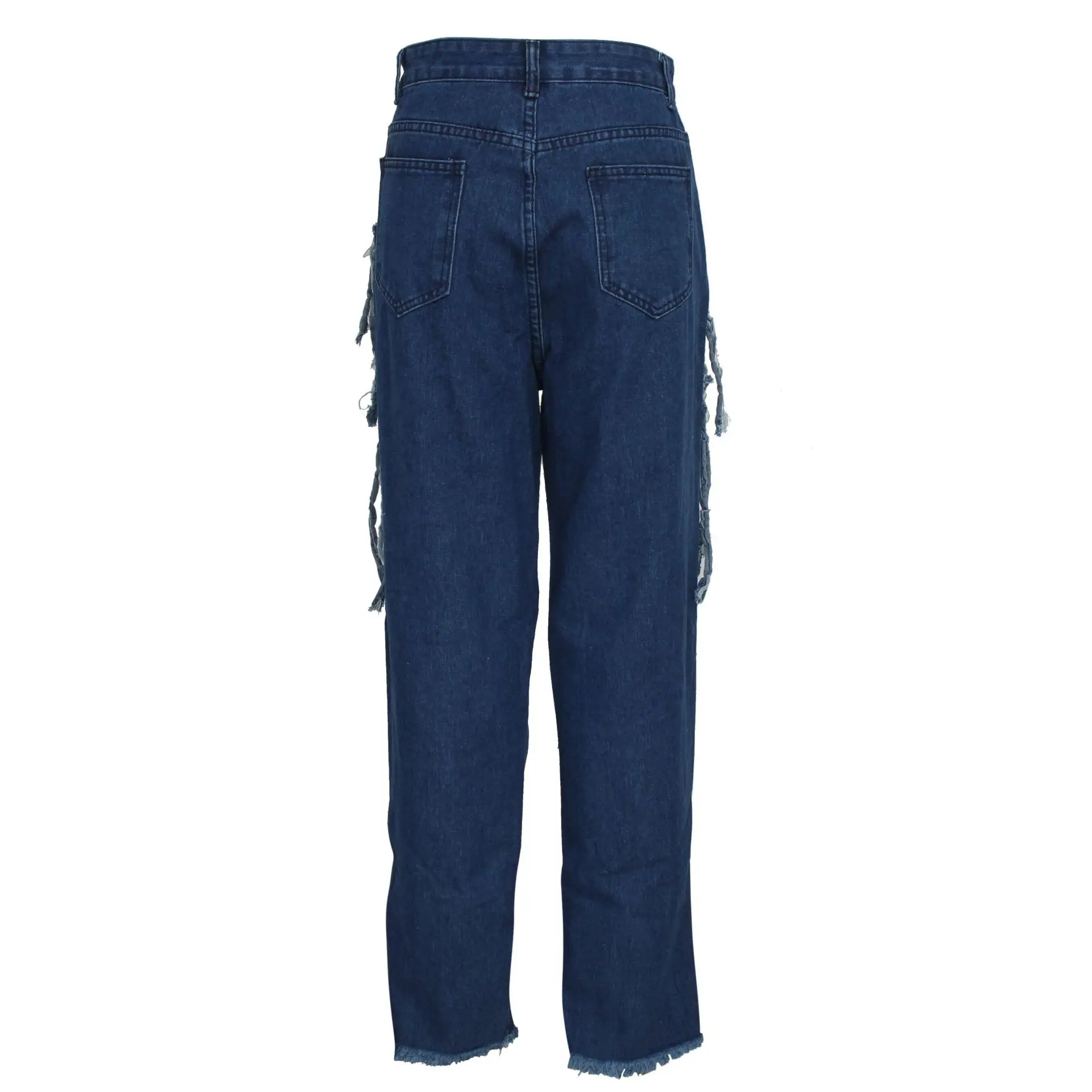 Sexy Ripped Holes Fringe Jeans Womens Fashion Streetwear High Waist Washed Distressed Straight Tassel Denim Pants Trousers indie