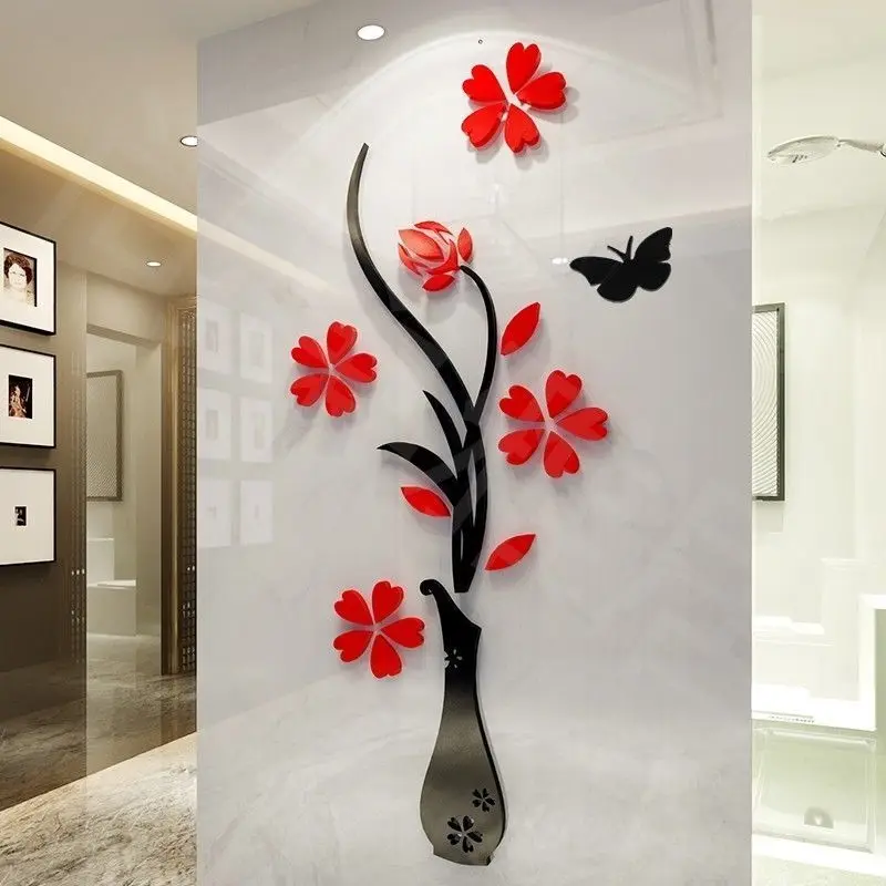 

3D Wall Sticker Multi-Pieces Flower Acrylic Wall Sticker DIY Art Wall Poster Home Decor Bedroom Wallstick Decoration Vase Plum