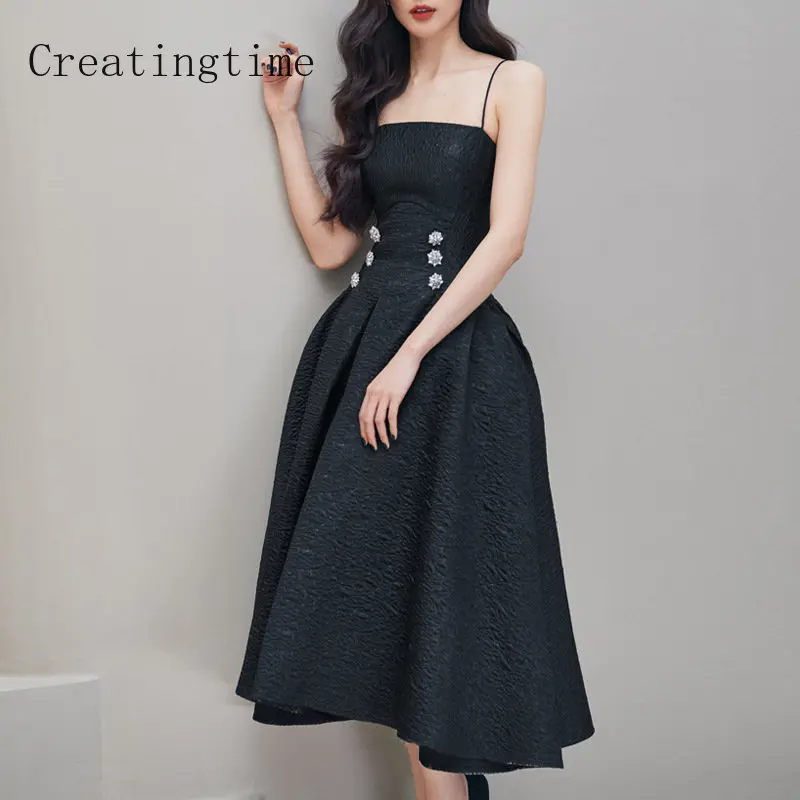 Summer Black Sling Jacquard Slim Diamonds Evening Dress For Women 2023 Backless Ziapper Sleeveless High Waist A-line Dress 1B112
