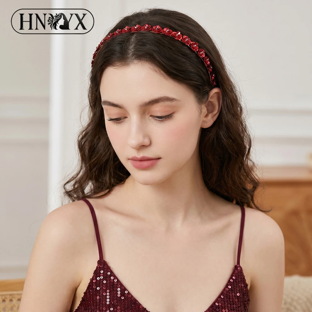 Фото Новая красная повязка на голову HNYYX с цветами и стразами, аксессуар для волос для женщин, для свадьбы, вечеринки, выпускного бала, обруч для волос YXA14 №4