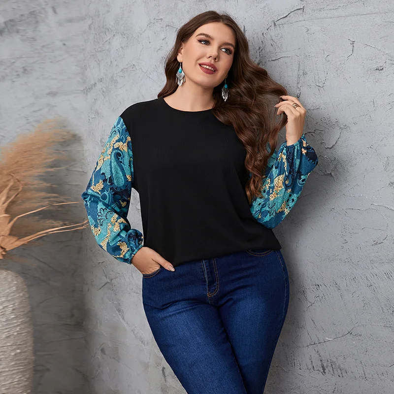 

Fashion Women T-shirt Temperament Commuter Color Blocking Lantern Sleeves Round Neck Plus Size Blouse Casual Lady Pullover Tops
