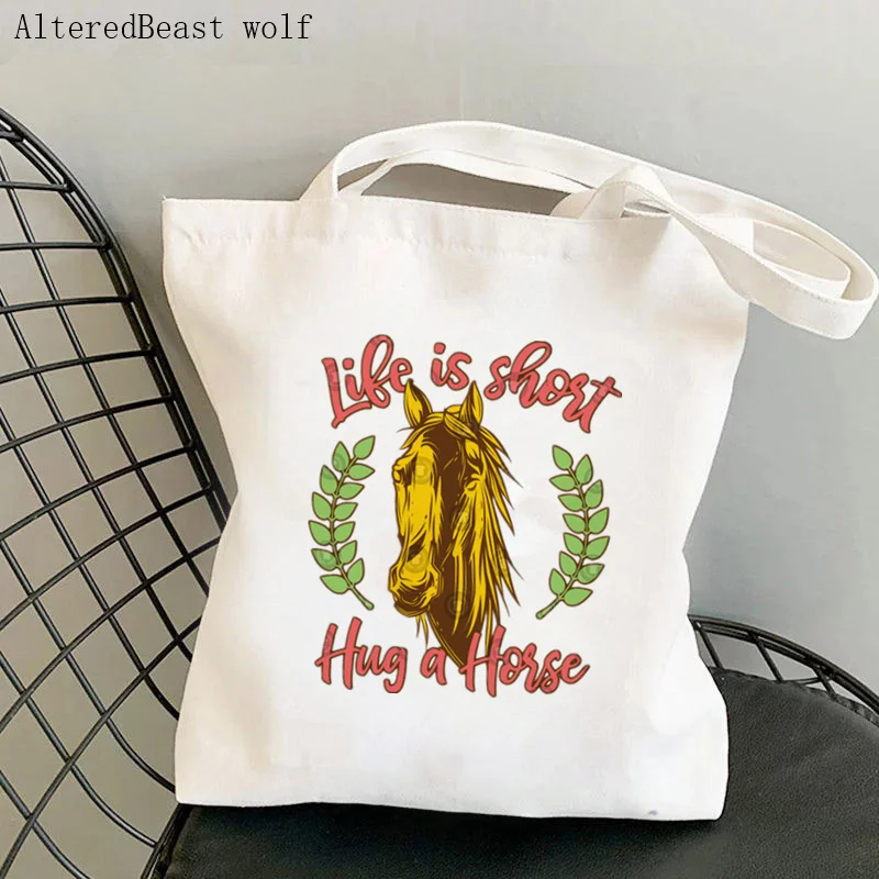 

Women Shopper bag life is short hug a horse Kawaii Bag Harajuku Shopping Canvas Shopper Bag girl handbag Tote Shoulder Lady Bag
