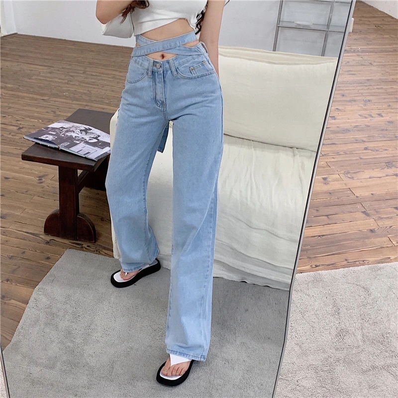 Women Vintage Washed Wide-leg Pants Harajuku Cross Lace-up High Waist Jeans Korean Fashion Streetwear Blue Denim Trousers 2021