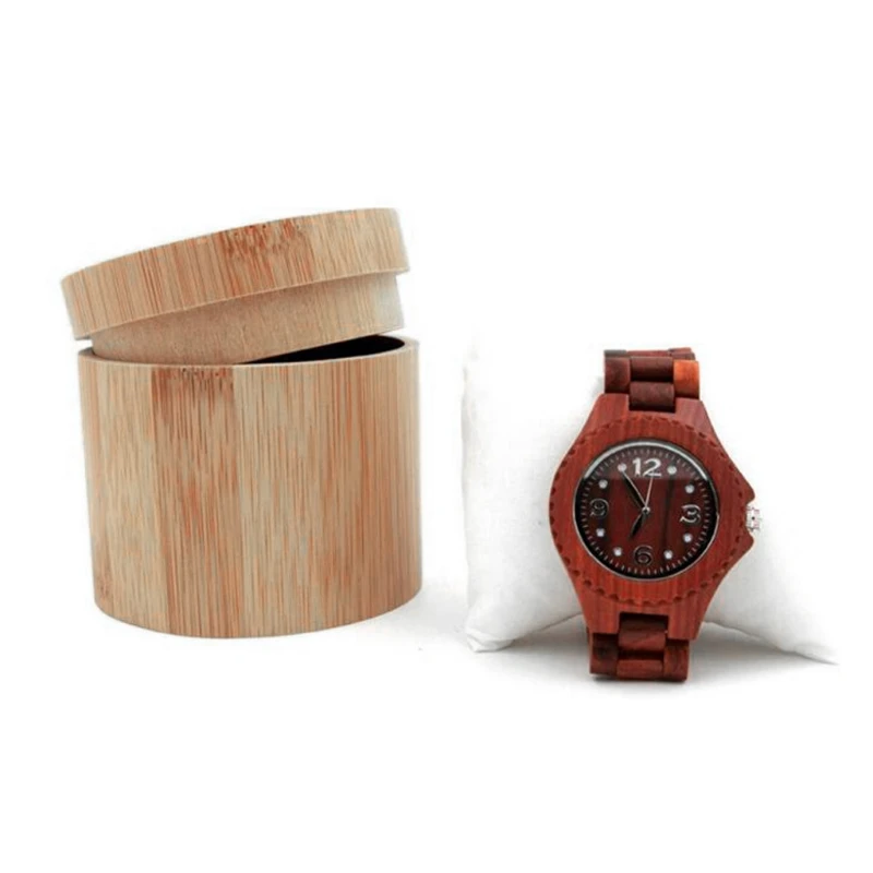 

Elegant Bamboo Watch Gift Box Jewelry Display Cylindric Storage Case With Pillow