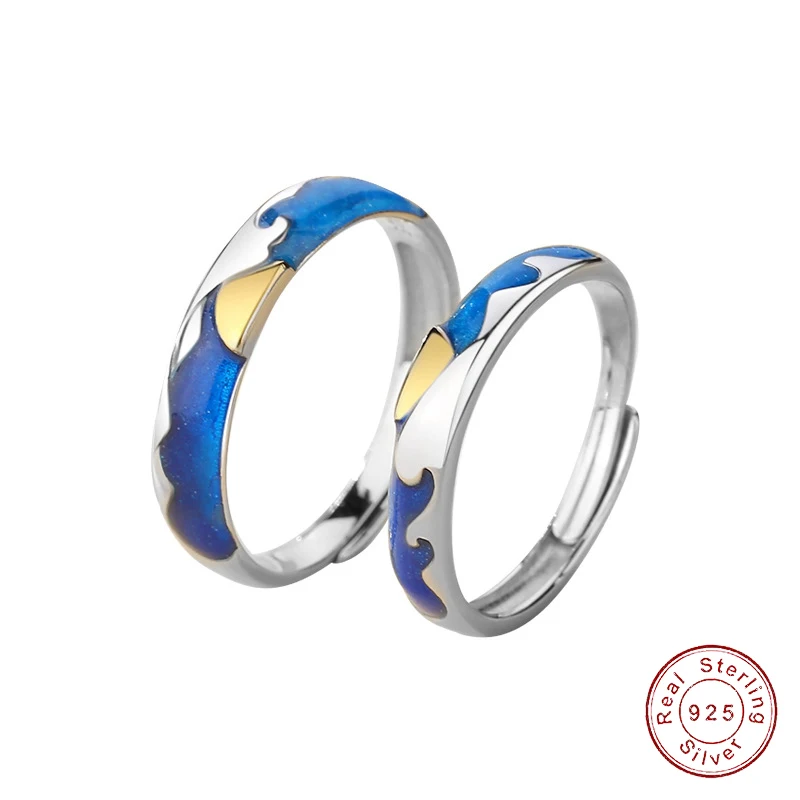 European Women Original Blue Starry Couple Genuine S925 Sterling Silver Open Ring Fine Women Jewelry Adjustable size