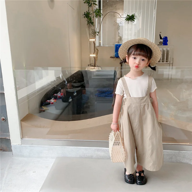 

Spring Girl Kids Solid Overalls Suspender Trousers Cargo Pant Casual Cotton Wide Leg Trousers Solid T-shirt Set 1T-6T Children