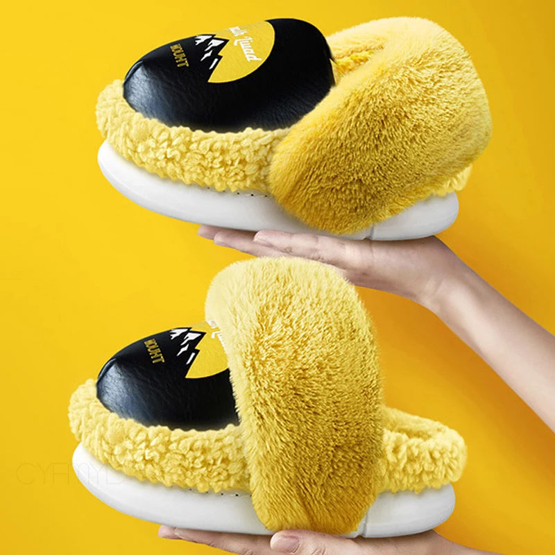 Women Slippers for Home Winter Shoes With Fur PU Waterproof House Slippers for Female Warm Non-slip Couple Indoor Slippers Girls