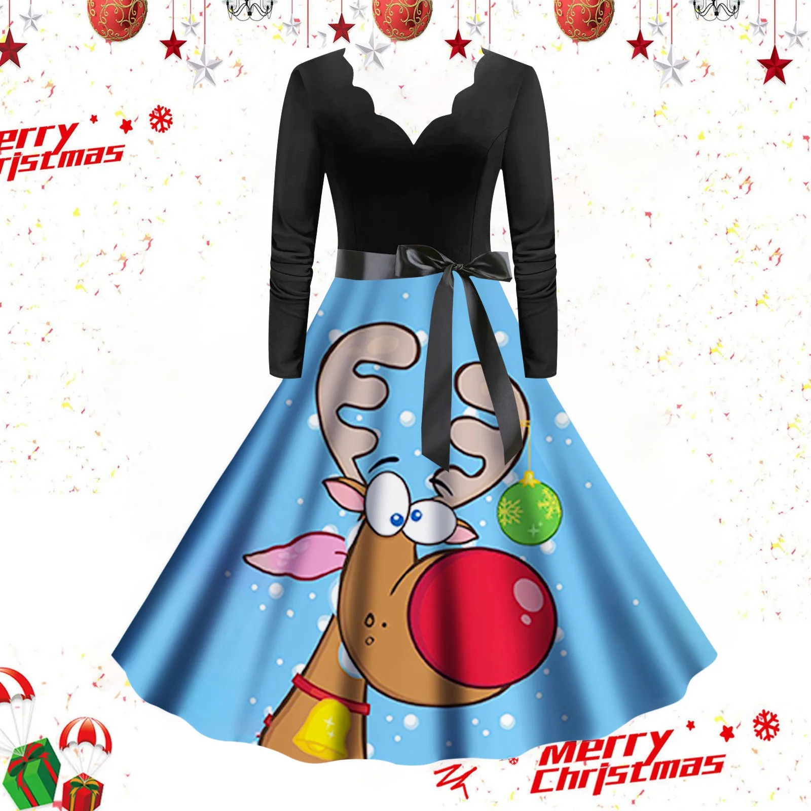 

Womens Autumn And Winter Fashion Christmas Print Long Sleeve Round Neck Retro Casual Dress Halter Dresses for Women Summer