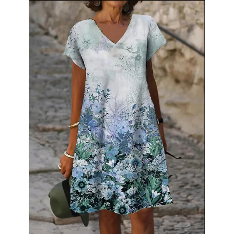 

Elegant Women Casual Short Sleeve Floral Print Knee Length Dress Summer New V-neck Loose Holiday Fashion A-line Vestidos Female