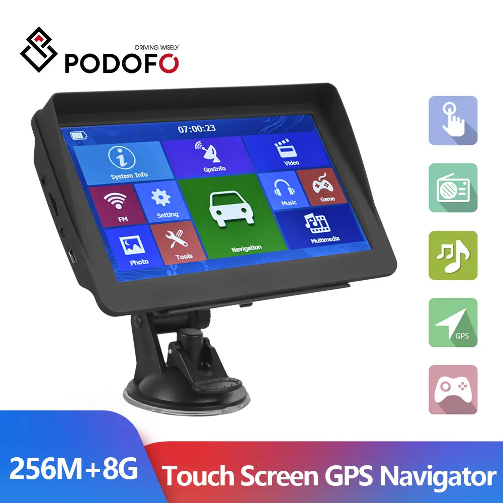 Podofo Car GPS Navigation 7 Inch Touch Screen GPS Navigator Truck Sunshade Sat Nav 256M Europe Map GPS Navigators