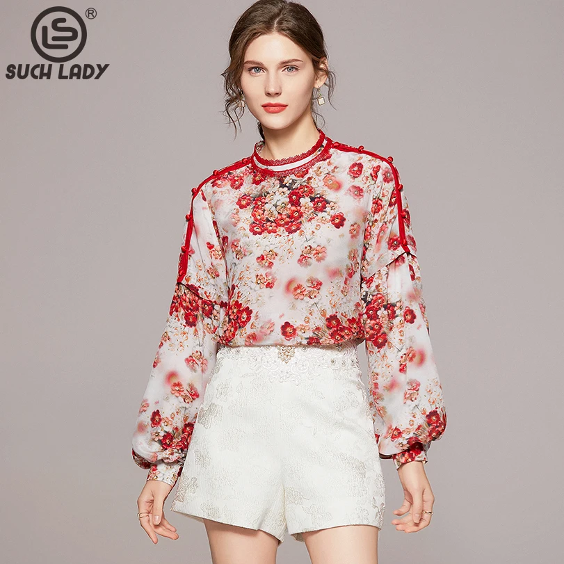 

100% Silk Women's Shirts Stand Collar Lace Patchwork Printed Long Lantern Sleeves Floral Pullover Blouse Tops