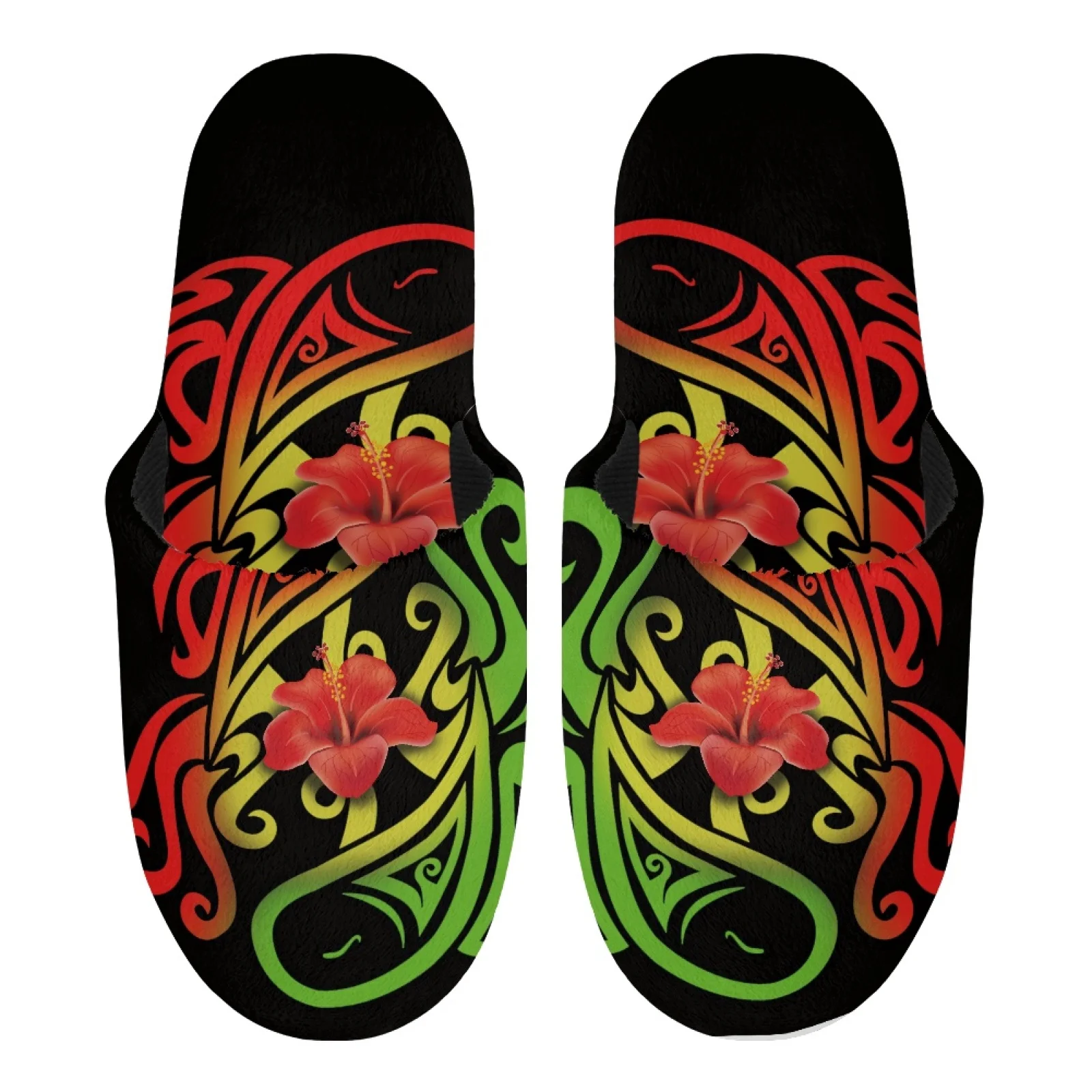 

Polynesian Tribal Hawaiian Totem Tattoo Hawaii Prints New Household Polyester Plush Hibiscus Cotton Slippers Non-Slip Soft Sole