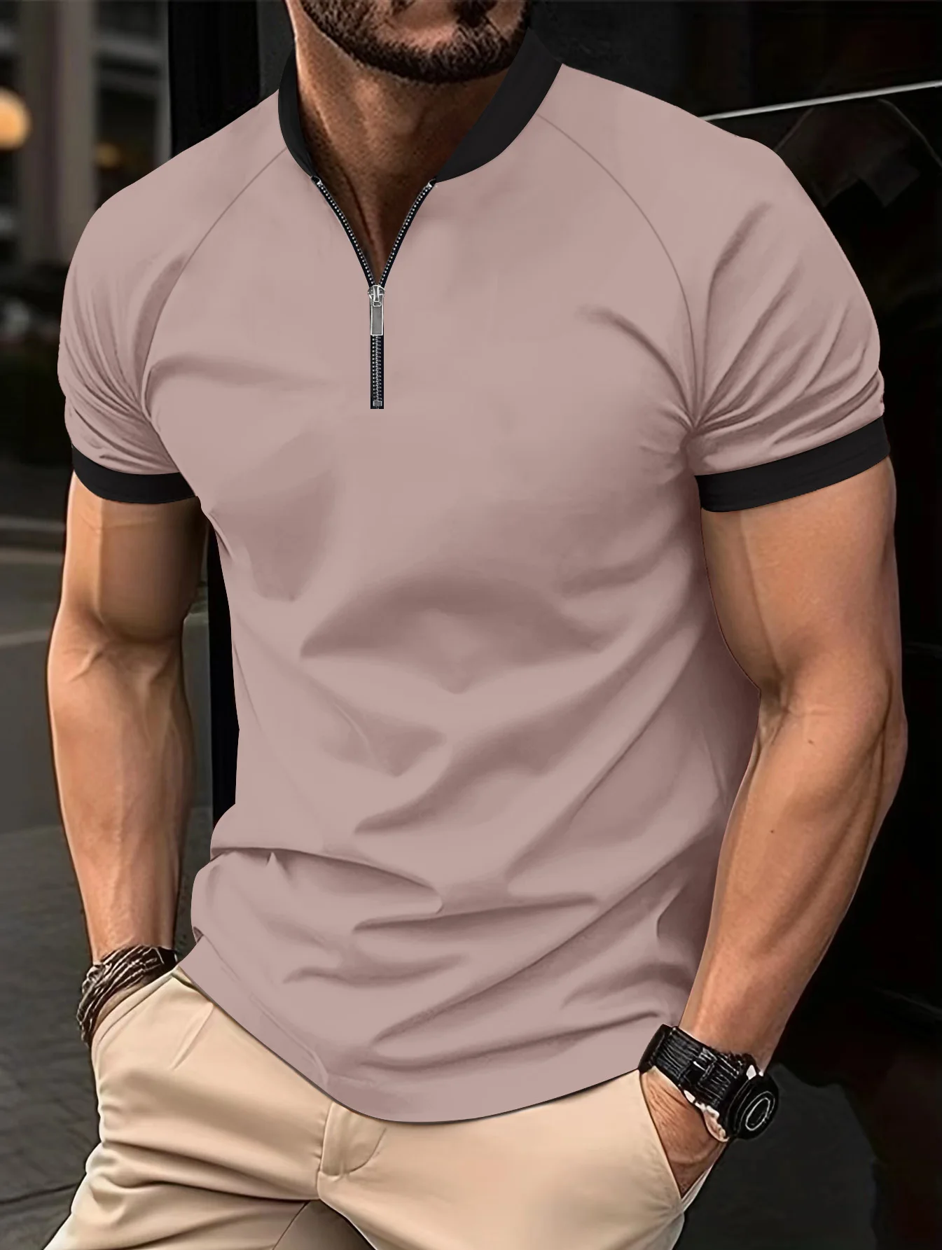 

Men's New Summer Color Matching Zipper Stand Collar Casual Business POLO Shirt Short-Sleeved Top