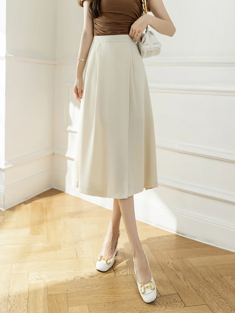 

Women's Skirt A-line Commuter Folds 2022 Summer High Waist Solid Button Skirts Knee-Length Empire Chiffon Fashion Woman Clothes