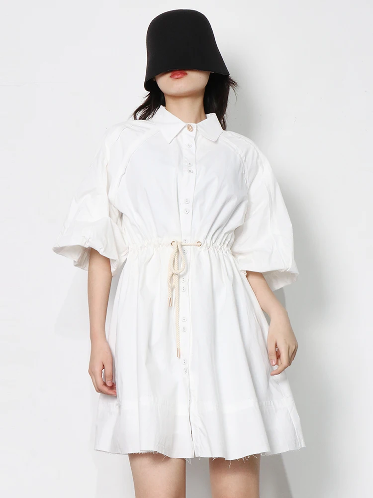 

Loose White Color Women Dress Lantern Sleeve High Waist Drawstring Mini Dresses Female Fashion Clothing Style Orange