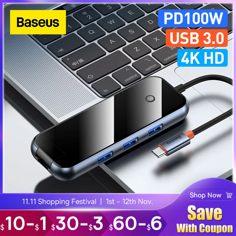 

Baseus USB C концентратор 4 USB 3.0 портов PD 100 Вт HDMI-совместимый USB адаптер Type-C для компьютера ноутбука MacBook Pro Air USB сплиттер