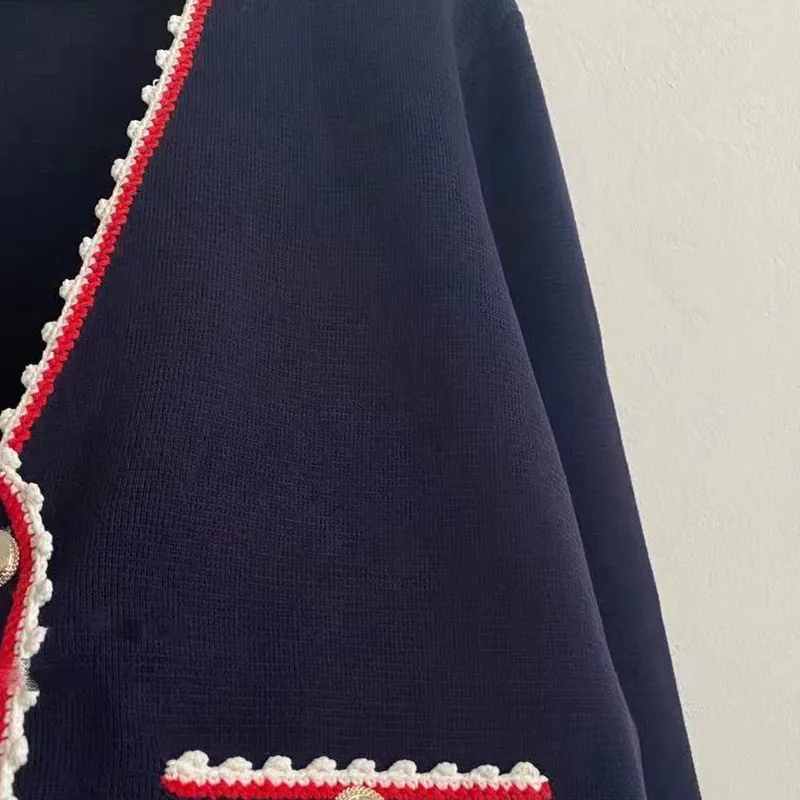 

2021 Spring Women Patchwork V Neck Knitted Cardigan Loose Knit Jacket with Pockets