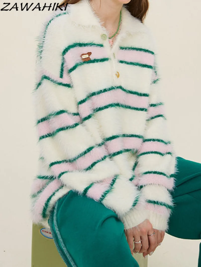 

Пушистый кавайный полосатый трикотаж для женщин корейская мода оверсайз с длинным рукавом Y2K отложной воротник женские осенние Топы свитер