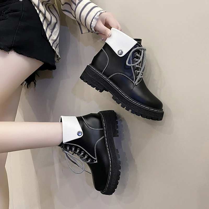 Winter Women's Ankle Boots Platform Boots Soft Leather Women Comfortable Mid Heel Women's Boots Fashion Round Boots Botas Mujer