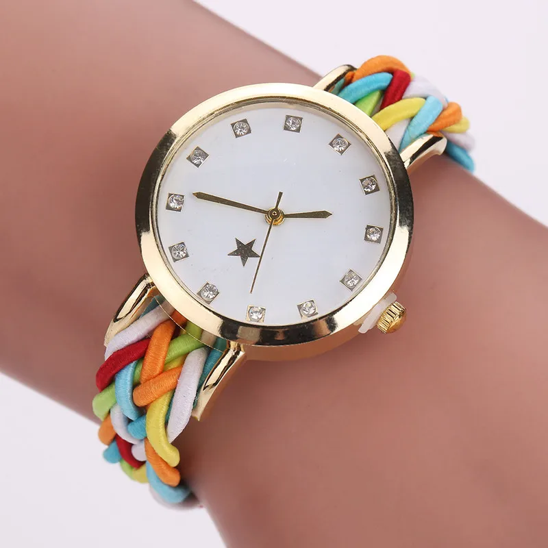 

Модные женские наручные часы с золотым плетением и кожаным ремешком, женские Роскошные Кварцевые часы со звездой и кристаллами, модные повседневные часы