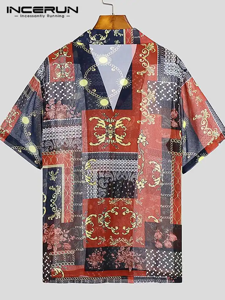 INCERUN Tops 2022 American Style New Men's Slightly Transparent Printed Blouse Casual Streetwear Male Short-sleeved Shirts S-5XL