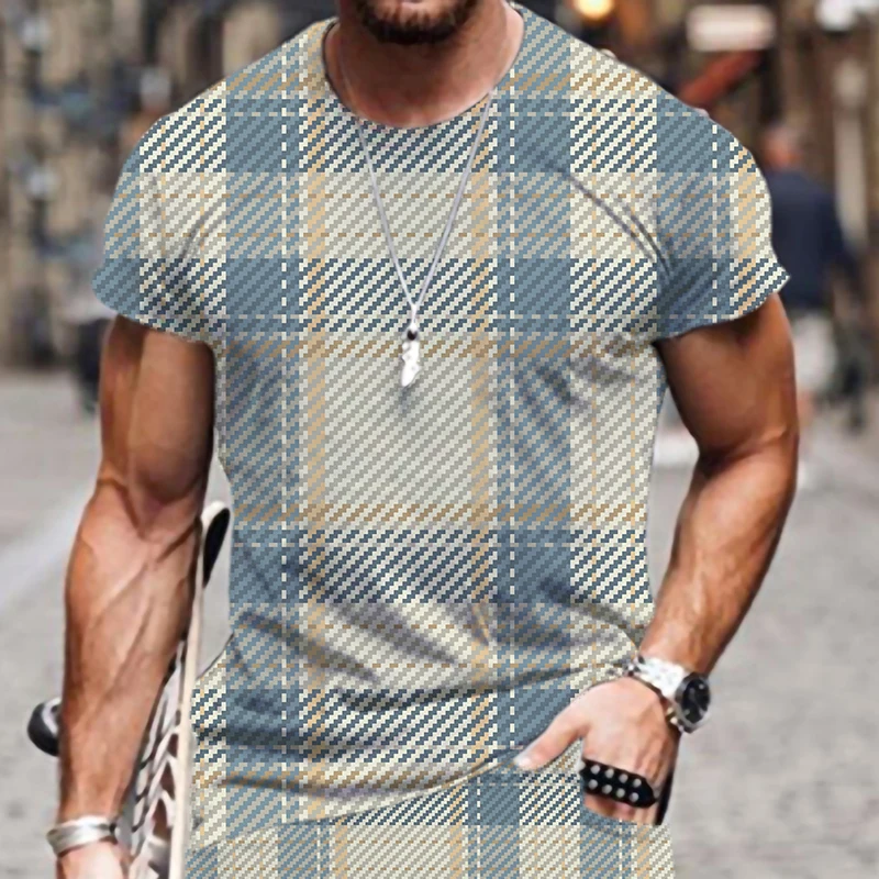 

Street Men's T-shirts Plaid Stripe Pattern Beach Casual Luxury Harajuku Short Sleeve Fashion Hot Tracksuit Oversized T-shirt