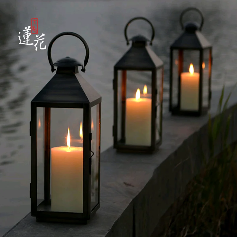 

Windproof Black Metal Candle Holder Glass Outdoor Simple Large Nordic Candlestick Glazen Kandelaar Candelabra Home Decoration