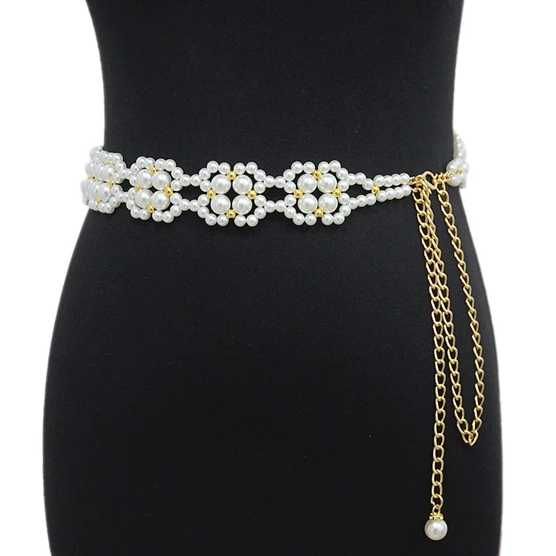 

1pcs Fashion Casual Wide Waistband Metal Splicing Pearl Beaded Waist Chain Woman Belts For Dress Accessories Decoration