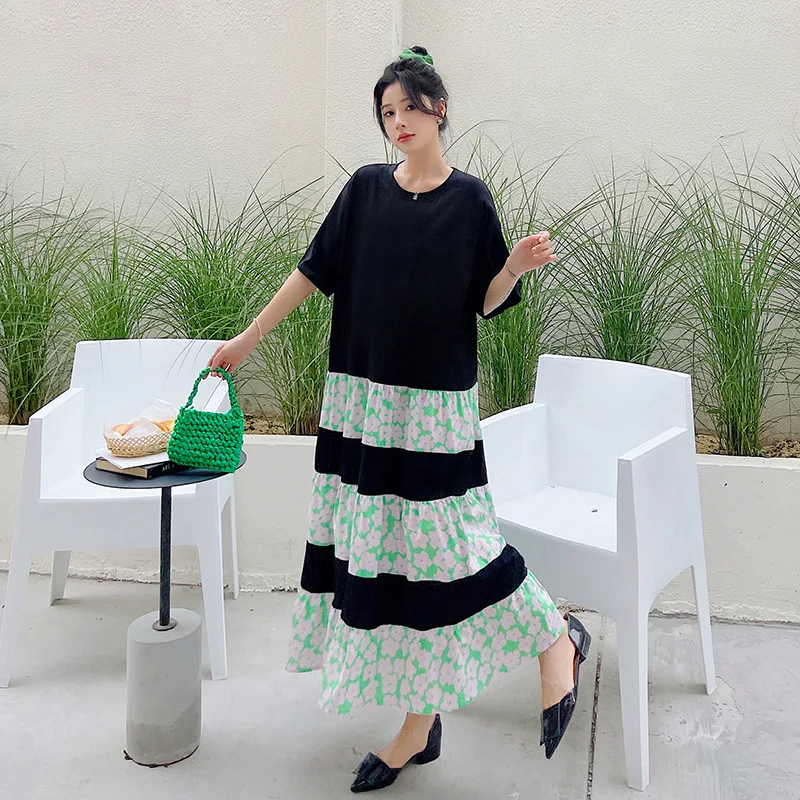 

2023 Summer New Long Loose Large Size Contrast Pleated Skirt Cake Skirt Short Sleeve Dress Long Dress