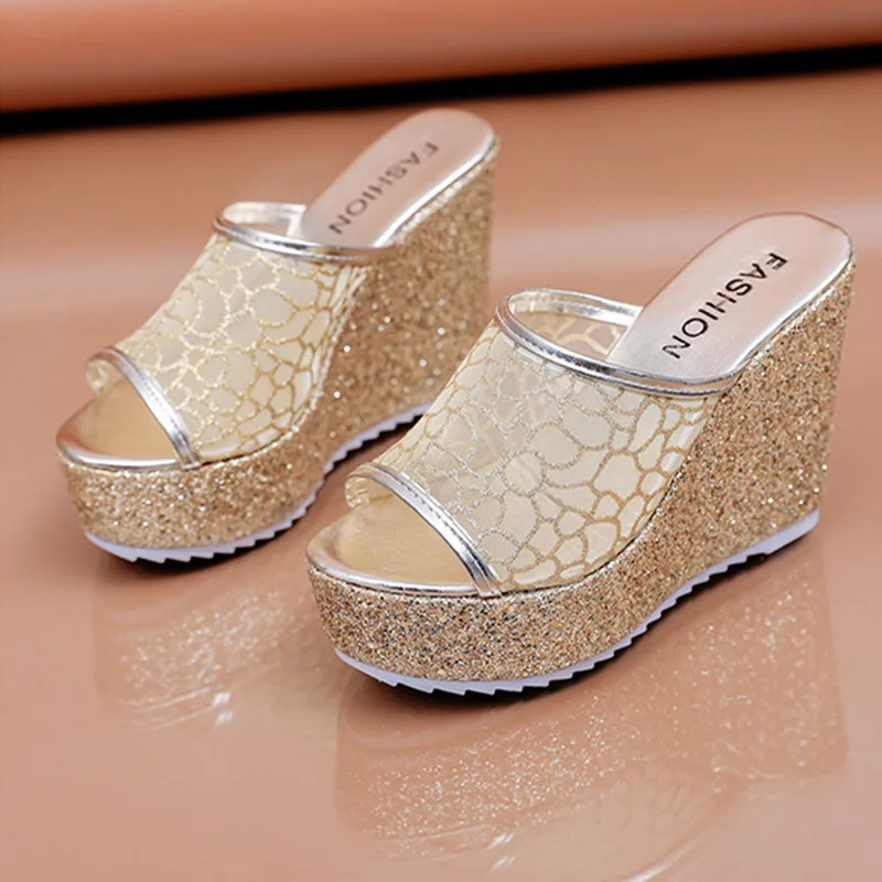 

Bling Golden Women Slippers Flat Summer Shoes Platform(4cm) Outside Fitting-room 11cm High Heels Wedges Solid Mesh Female Slides