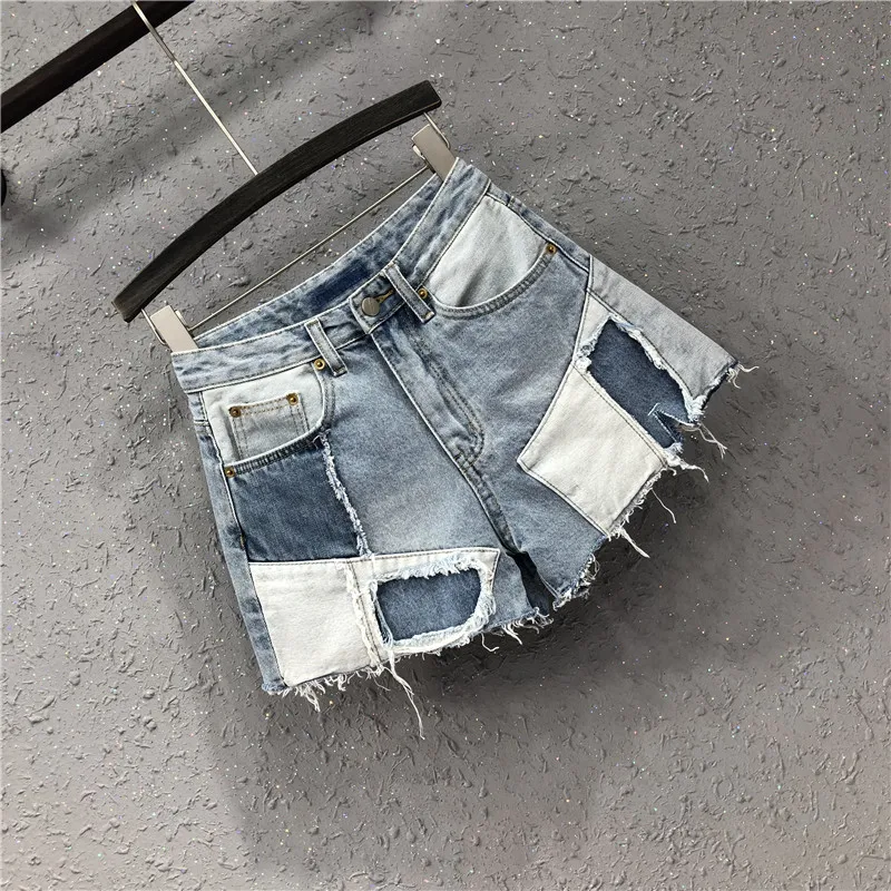 European Stitching Contrast Color Denim Shorts Women's Spring Summer New Denim Shorts Loose Casual Wide Leg Jeans Short Pants
