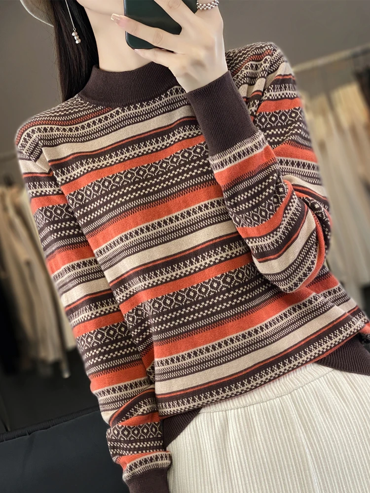 Свитер с высоким воротником в полоску стиле ретро женский вязаный низ из чесаной