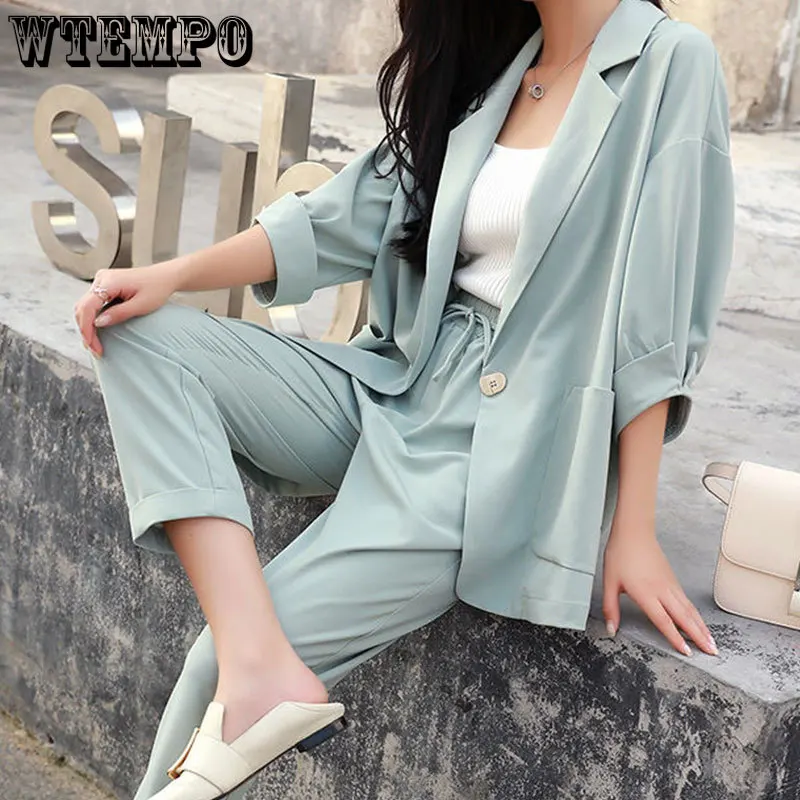 Женский тонкий костюм на весну и лето блейзер одной пуговице прямые брюки