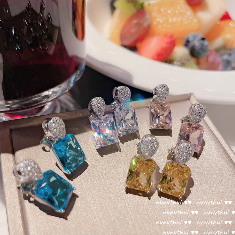 

ANGLANG Luxury Square Cubic Zirconia Dangle Earrings Women White/Blue/Pink/Yellow Simple Elegant Earrings Wedding Trendy Jewelry