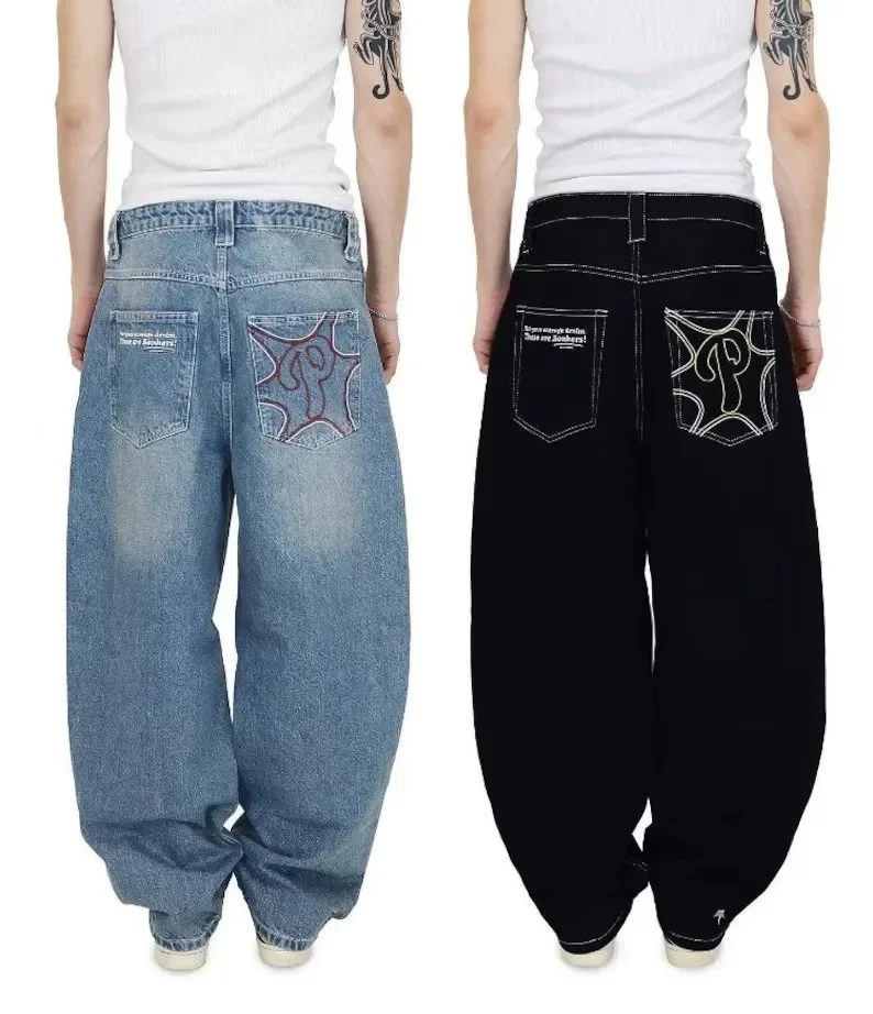 

Джинсы с вышивкой, прямые широкие джинсы, Мужская Уличная одежда в стиле хип-хоп, новинка 2023, повседневные Простые мешковатые джинсы в стиле Харадзюку с надписью, женские популярные