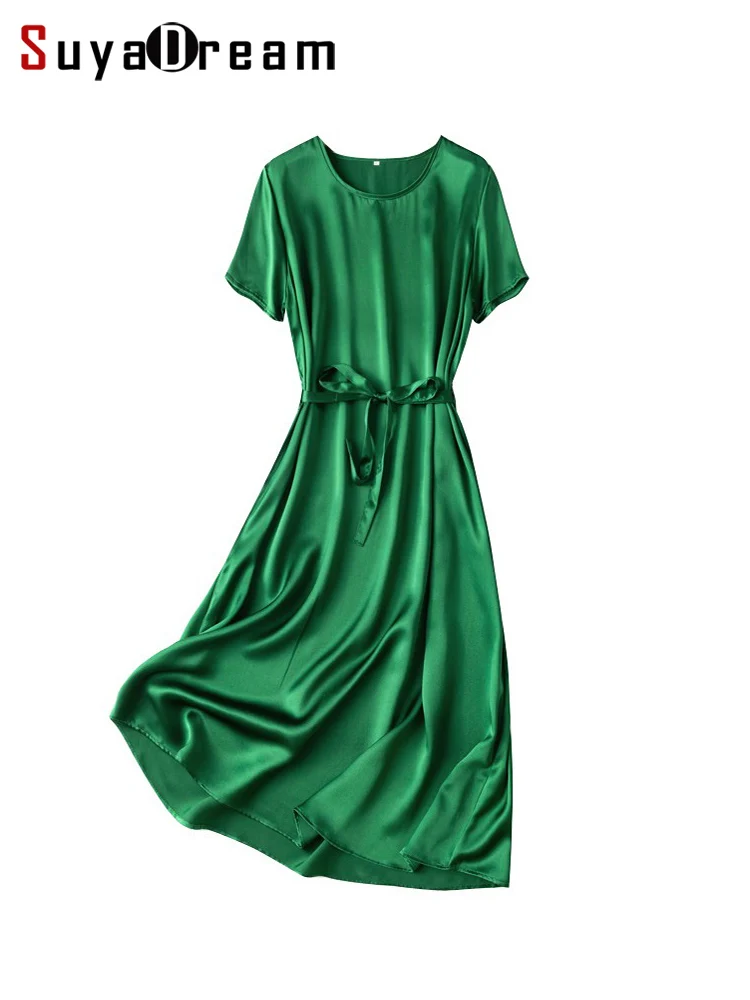 

SuyaDream Woman 100%Real Silk Mid Dress 2022 Summer O neck Sashes Solid Chic Dresses Navy Green