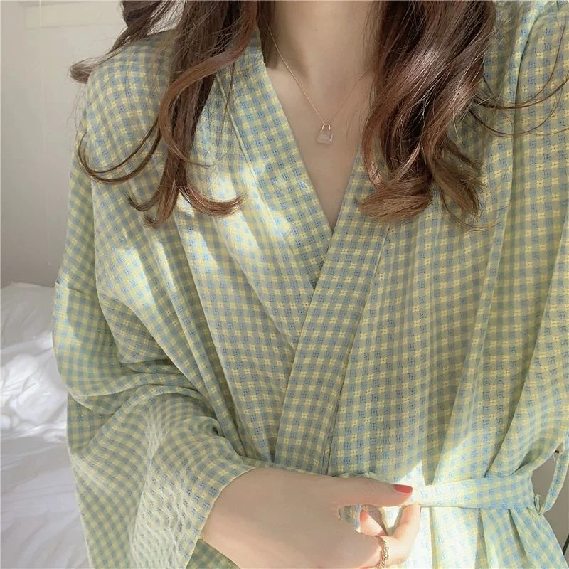 Bathrobe Women Cotton Long Sleeve Robe Plaid Female Japanese Kimono Autumn Sleepwear Home Clothes for Sleeping Pajamas Nightgown
