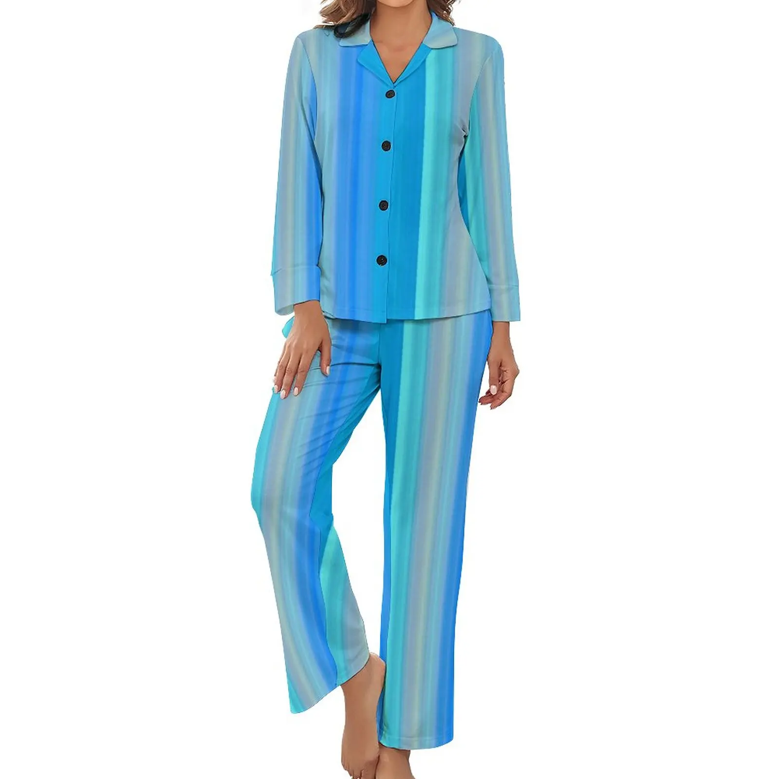 

Пижама женская в полоску, милая пижама в абстрактном стиле, цветная домашняя пижама с V-образным вырезом и длинным рукавом, домашний комплек...