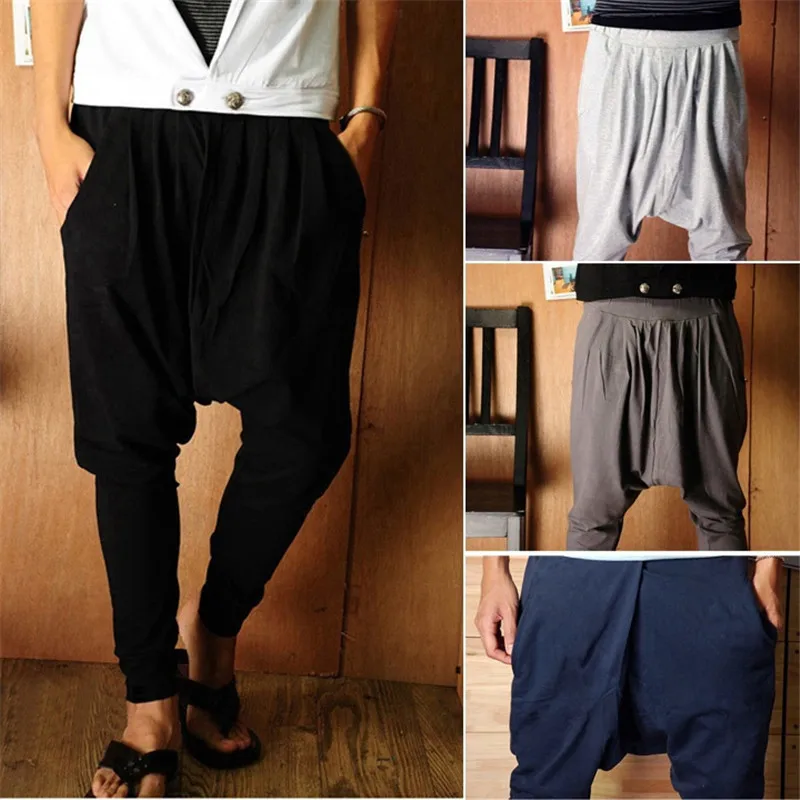 Men Casual Drape Drop Crotch Harem Pants Hip-Hop Elastic Waist Slant Pockets Baggy Dancing Trousers