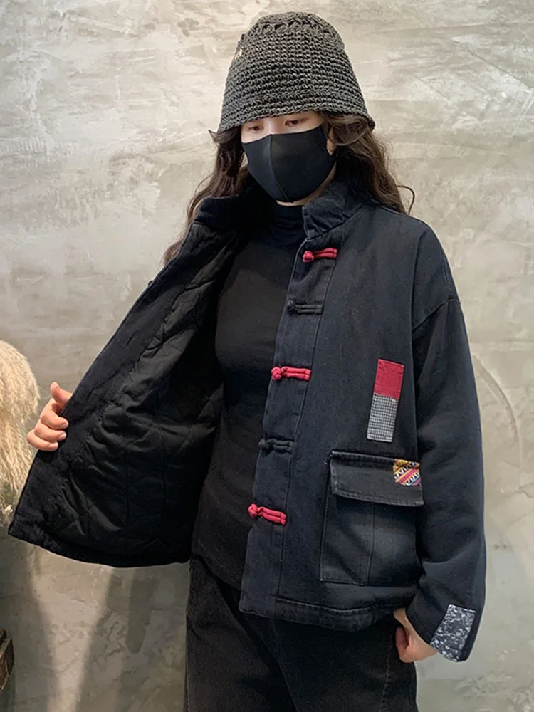 Max LuLu Chinese Style Winter Parka Denim 2022 Women Blue Leisure Padded Jackets Female Turtleneck Vintage Coat Loose Clothing