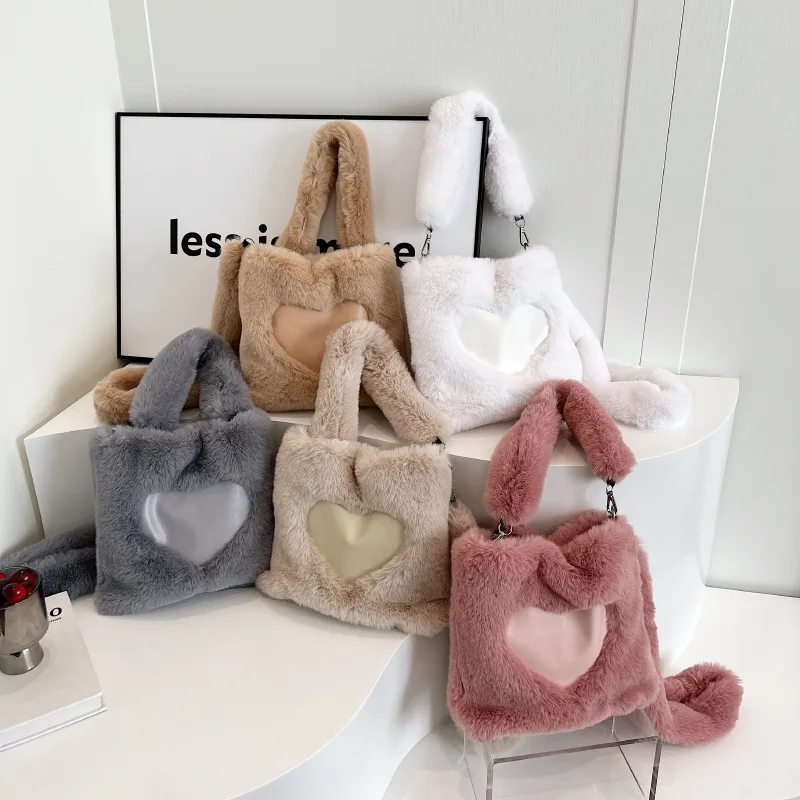 

Designer Faux Fur Large Tote Bag Warm And Soft Autumn And Winter Plush Women's Bags Fluffy Shoulder Messenger Bag Fashion Wallet