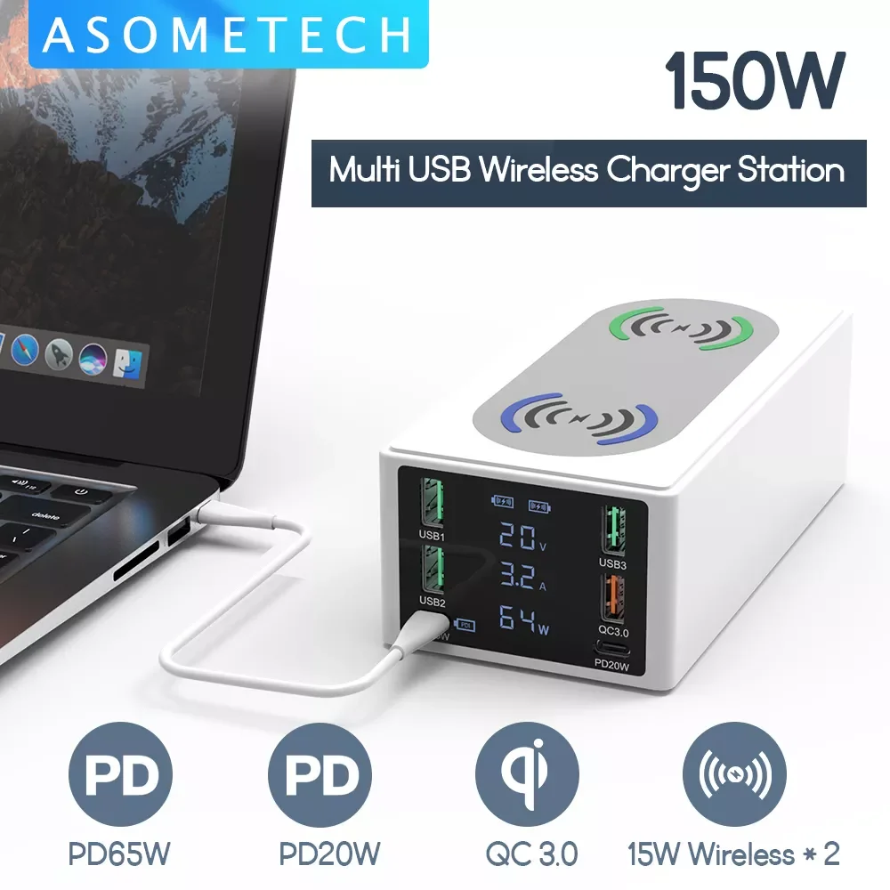 

150W USB Type C PD Fast Charger Station Qi Wireless Charger Quick Charge 4.0 3.0 USB Phone Charger For iPhone 12 MacBook Laptop