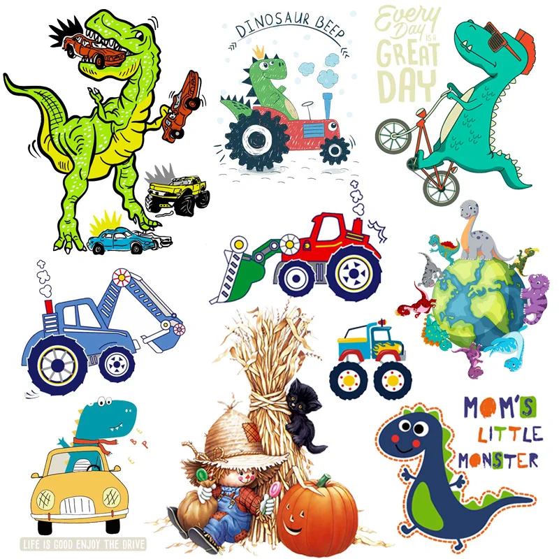 

Boy Girl Clothes Stickers DIY Heat Transfer Little Dinosaur Car Patch Cartoon Animal Sticker Heat Press Applique Iron On Patches