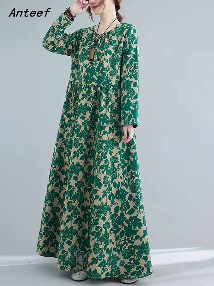 

Женское винтажное платье с длинным рукавом и цветочным принтом размера плюс, повседневное свободное платье на весну и осень, элегантная оде...