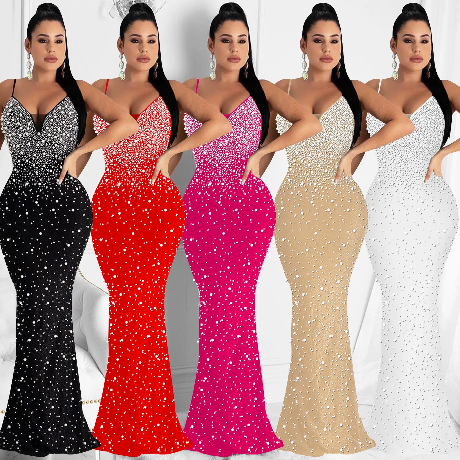 

SUJYing 2022 New Women's Fashion Sexy Nightclub Hot Drill Nail Bead Suspender Winter Autumn Christmas Dress Elegant Female