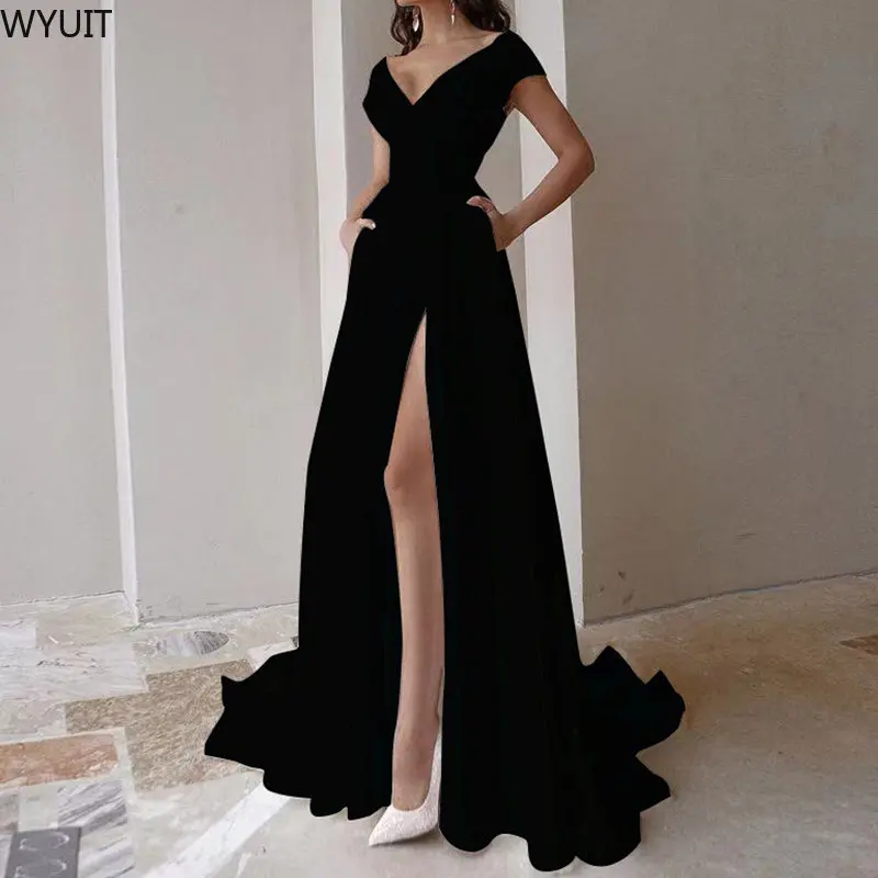 

Eelgant Deep V Neck Solid Party Dress Fashion Women Slim Wasit Maxi Evening Dress Lady Sexy High Wait Long Wedding Dress Vestido