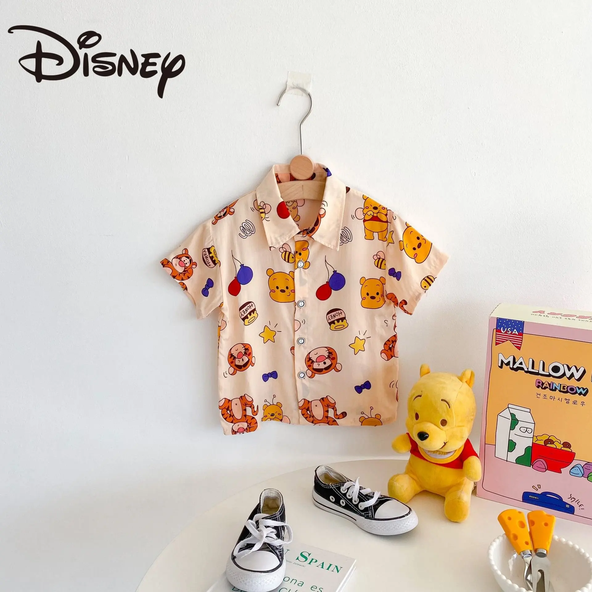

Childrens Clothing 2023 Summer Disney Winnie the Pooh Mickey Mouse Childrens Cotton Loose Cute Print Short-Sleeved Shirt