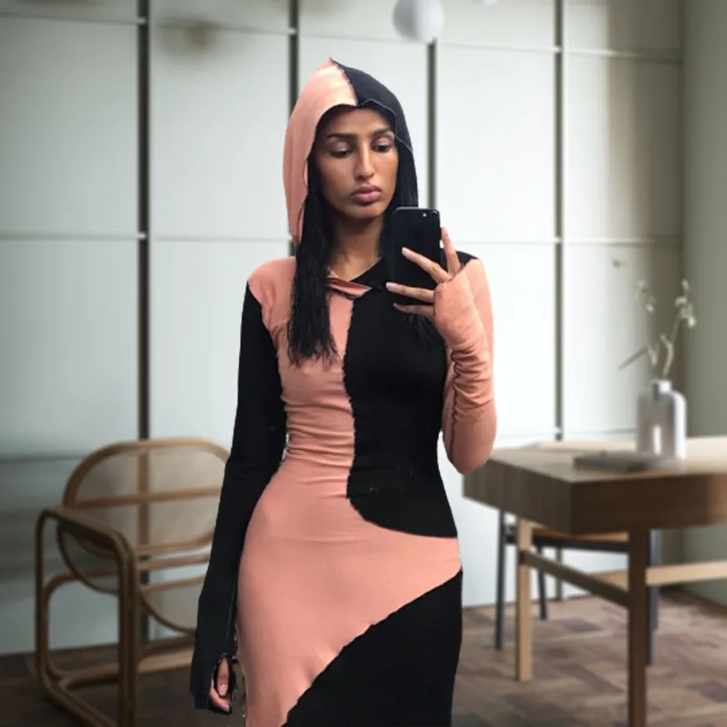 Long Sleeve Hooded Patchwork Skinny Maxi Dress 2022 Autumn Winter Women Fashion Streetwear Casual Outfits
