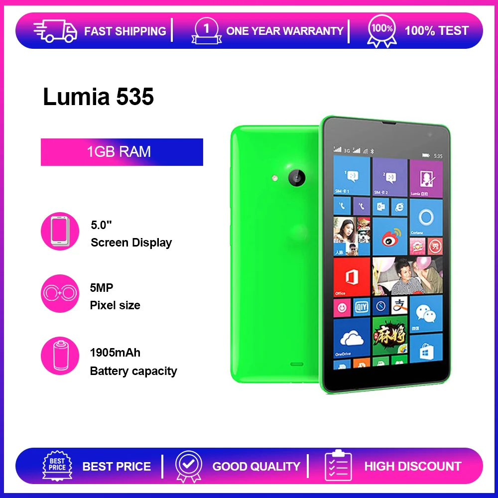 Фото Разблокированный восстановленный телефон Lumia 535, 5 МП, 5,0 дюймов, GSM 900/1800, 1905 мАч, Bluetooth №1